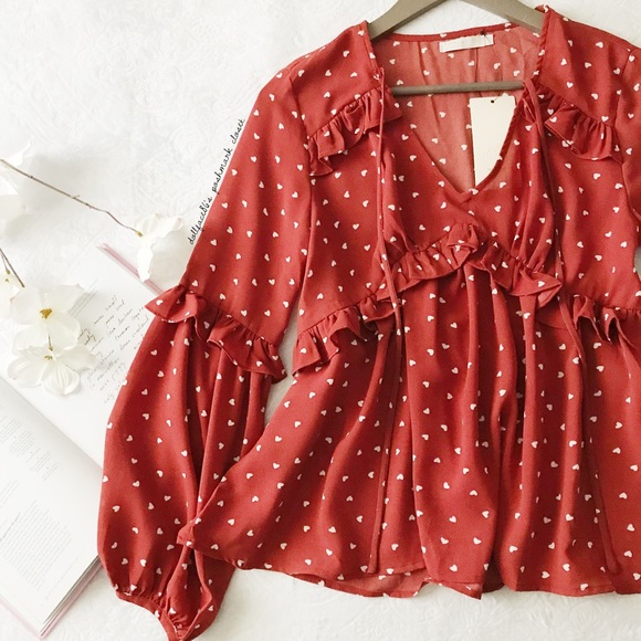 Vera & Lucy Tops - NWT Heart Print Ruffle Blouse